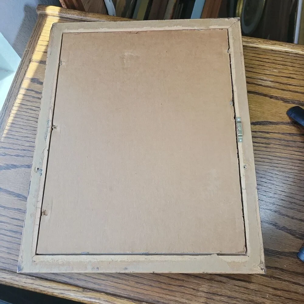 VTG Ornate 16x13 Picture Frame Brown Wood Texture 8X10 DBL Navy & Red Inset Mat